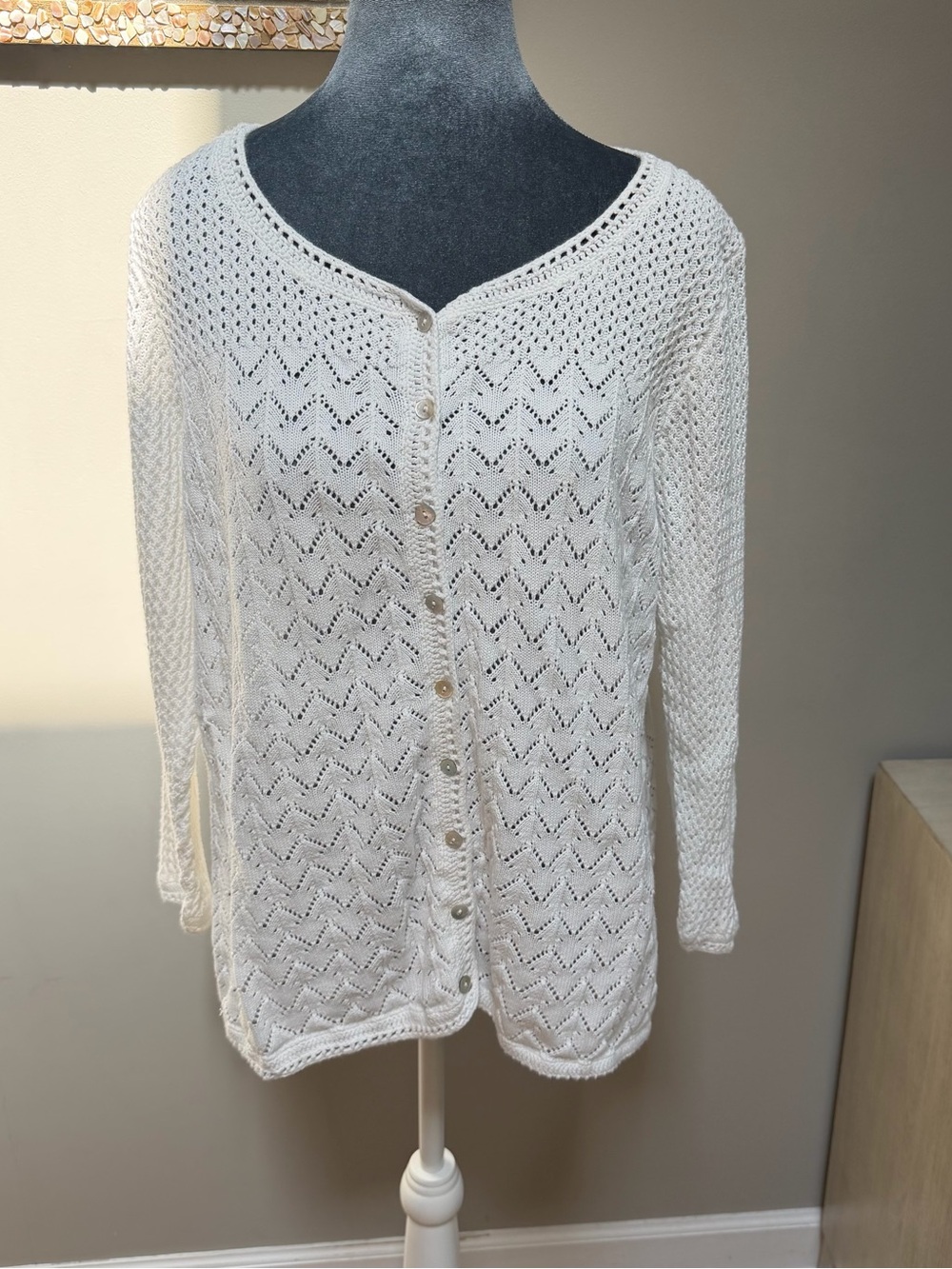 LL Bean White Pointelle Linen Cotton Cardigan 1X Crochet Feminine Grandmacore